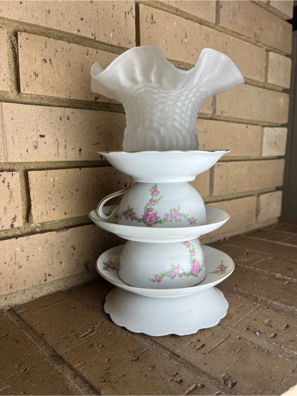 White and Pink Floral Teacup Candle Holder Stack